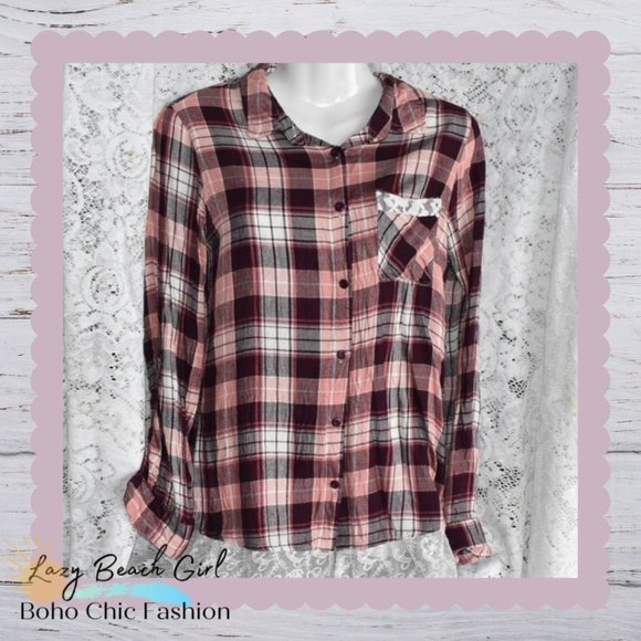 Justify Tops - Pretty Pink Plaid Top with Lace